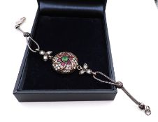 Vintage Artisan 925 Silver Emerald, Ruby & White Gemstone Bracelet