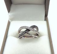 Sterling Silver Diamond Crossover Ring New With Gift Pouch