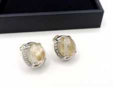 Sterling Silver Golden Rutilated Quartz & Diamond Earrings New With Gift Box