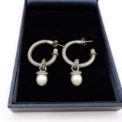 Artisan Sterling Silver Cultured Pearl Hoop Earrings New With Gift Pouch