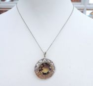 Artisan Sterling Silver Smokey Quartz Pendant Necklace Hallmark Birmingham 1954