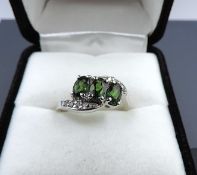 Sterling Silver Green Diopside & White Topaz Ring New With Gift Pouch