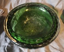 Vintage Heavy Green Glass Bowl With Bubbles