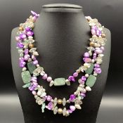 Brilliant Clear Quartz, Jasper With Coloured Pearls Beads Necklace.