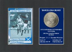 3-0 To The Rangers Barcelona Bears 1972 ECWC Mounted Card & Coin Set.