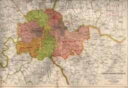 Bacons Vintage 98 Years-Old London Suburbs Coroners Districts Detailed Coloured Map.
