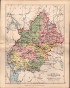 County of Longford Ireland Antique Detailed Coloured Victorian Map.