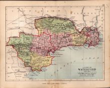 County of Waterford Ireland Antique Detailed Coloured Victorian Map.