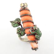 An Exquisite Ring Detailed With Coral, Green Garnet and Brilliant Diamonds