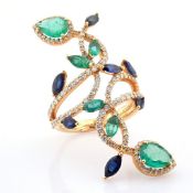 18K Rose Gold Ring Detailed With Vibrant Emerald, Sapphire and Brilliant Diamonds