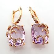 18K Rose Gold Earrings Detailed With Amethyst and Brilliant Diamonds