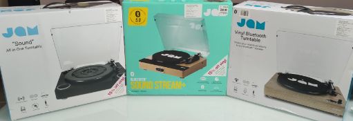 3 x Jam Audio Turntables. Bluetooth, All In One Etc. Tested and Boxed With Accessories.