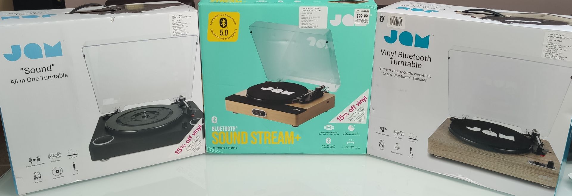 3 x Jam Audio Turntables. Bluetooth, All In One Etc. Tested and Boxed With Accessories.