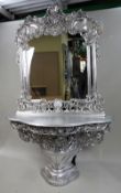 Ornate Decorative Silver Leaf Carved Console Table & Mirror