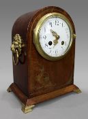 French Mahogany Brass Inlaid Mantle Clock c.1900 By Marti