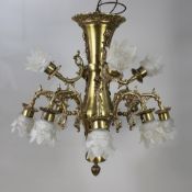 Vintage 12 Light French Brass Chandelier With Glass Shades