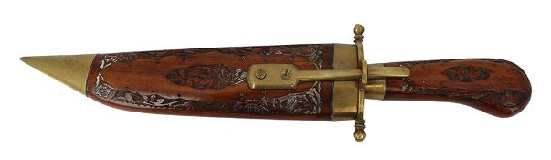 Indian Knife In Hand Carved Wood & Brass Scabbard