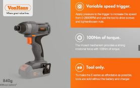 Vonhaus E-Series 18V Cordless Impact Driver, No Battery Or Charger Included – Variable Speed