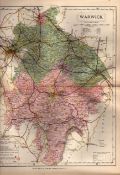 County of Warwickshire Large Victorian Letts 1884 Antique Coloured Map.