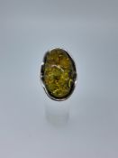 Silver 925 and Natural Green Amber Set Ring