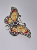 925 Silver Enamelled Butterfly Set With Oval Garnet and Marcasite Stones