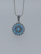 Silver and Synthetic Opal Pendant With Marcasite Halo and Snake Chain