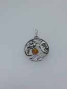 Silver Pendant Set With Natural Amber and CZ Stones