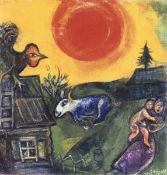 Two Marc Chagall prints. Farm and Red Sun and Clown on Horse