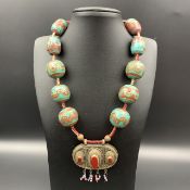 GK-31, Excellent Traditional Tibetan Nepalese Beads With Afghani Carnelian Brass Pendant Necklace...