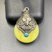 TA-13, Excellent Tibetan Made Pressed Yellow Amber With Brass Pendant.