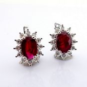 18K White Gold Cluster Earrings Detailed With Ruby and Brilliant Diamonds