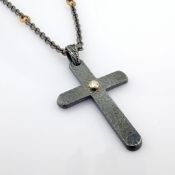 Cross Necklace Detailed With Brilliant Diamonds and 18K Gold On Silver