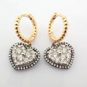 18K Yellow and White Gold Heart Earrings Detailed With Brilliant Diamonds