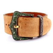 An Exquisite Distressed Leather Belt Bracelet Detailed With 1.50 Ct Green Garnet, 0.12 Ct Brillia...