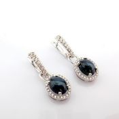 18K White Gold Cluster Earrings Detailed With Sapphire and Brilliant Diamonds
