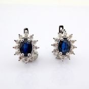 18K White Gold Cluster Earrings Detailed With Sapphire and Brilliant Diamonds