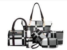 6Pcs Set Large Capacity Checkered Pattern Shoulder Bag With Simple Handbag, Crossbody Bag, Clutch...