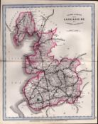 Lancashire Cruchley Scarce Antique Railways & Stations Coloured Map.