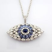 14K Large Evil Eye Necklace Detailed With Vibrant Sapphire and Brilliant Diamonds