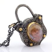 Convertible Clasp Necklace W/ Gold, Topaz W/ Reverse Engraved Intaglio Angel and Diamonds On Silv...