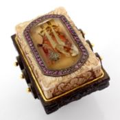 Bone and Ebony-Carved Ring W/ Topaz, Reverse-Engraved Intaglio Sword W/ Diamonds and Gold In Silv...
