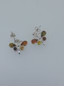 Silver Butterfly Earrings Set with Multi Colour Natural Amber