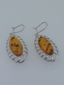 Silver Earrings Set with Natural Amber
