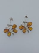 Silver Butterfly Drop Earring Set with Natural Amber