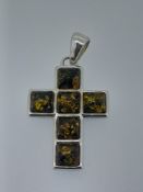 Silver Cross Set with Natural Green Amber