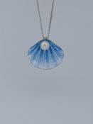 Silver Enamelled Pendant Set with Cultured Pearl and Chain