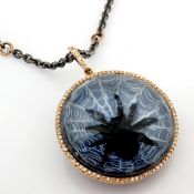 Hand-made gold-silver necklace with topaz, reversely engraved intaglio spider and brilliant diamond.