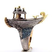 Hand-made galleon ring intricately detailed with brilliant diamonds and gold on silver