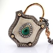 Convertible clasp necklace embellished with gold, Emerald bone-carved and diamonds on silver