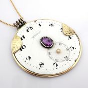 Necklace made of gold and silver with antique watch dial with precious colourful stones and Diamond.